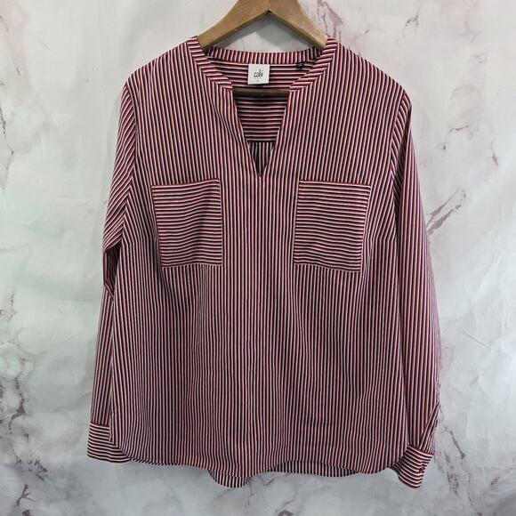 CAbi Shirt Womens Large Blouse Red Orange Blue Striped Button Up 5335 Franklin - Picture 1 of 11